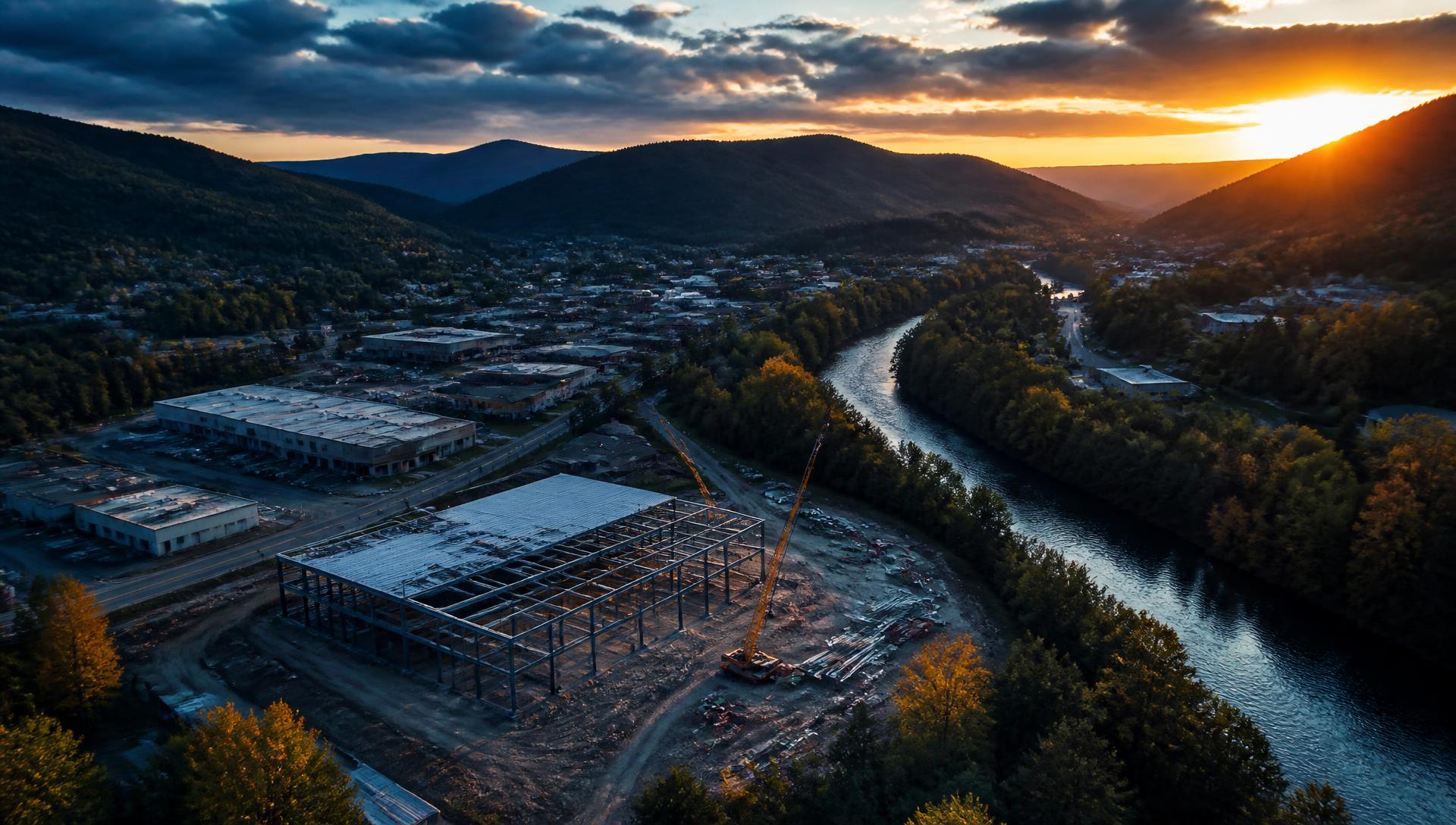 Aerial view of a commercial construction site in an Appalachian valley near Bristol, Tennessee
