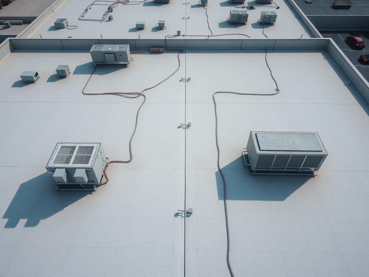 Aerial inspection view of a commercial flat roof with rooftop HVAC equipment